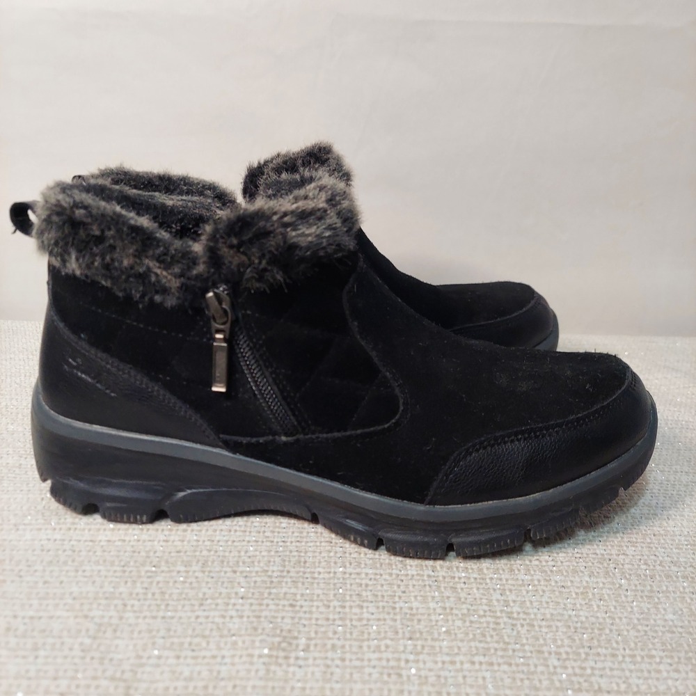 Skechers Relaxed Fit Black Faux Fur Leather Ankle Boots 48971 Womens 9.5‎